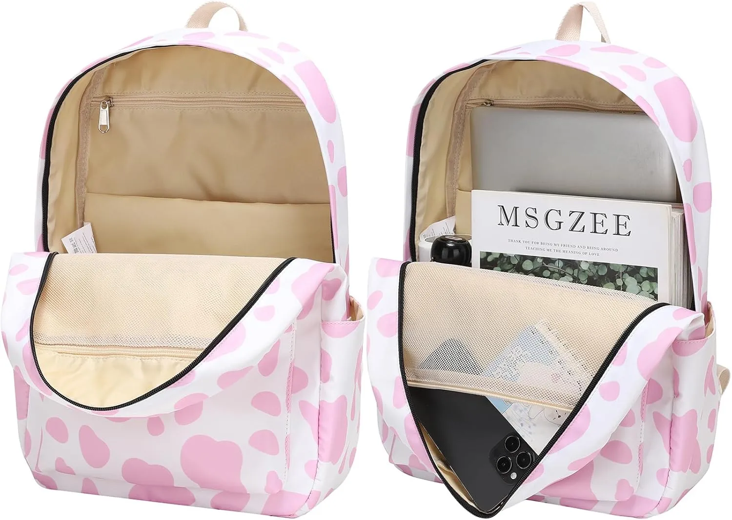 Joyfulife Girls Backpack with Lunch Box Kids Bookbag Primary Elementary Cow Print Backpack and Lunch Bag Set for Girls