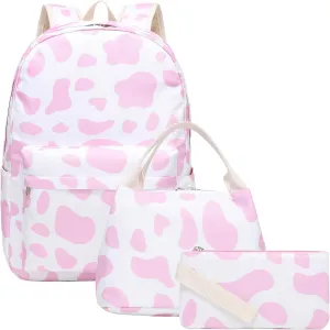 Joyfulife Girls Backpack with Lunch Box Kids Bookbag Primary Elementary Cow Print Backpack and Lunch Bag Set for Girls