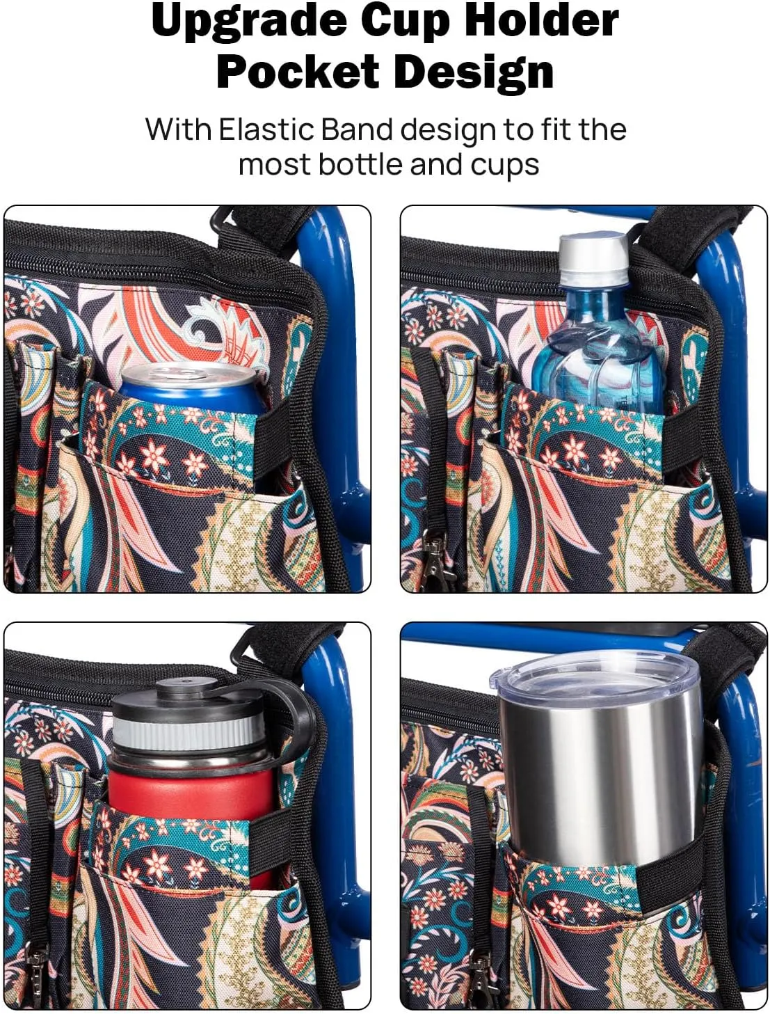 JOYTUTUS Wheelchair Side Bag, Upgraded Walker Pouch Bag with Cup Holder, Wheelchair Armrest Accessories for Walker, Rollator, Electric Scooter Wheelchairs, Ideal Gift for Seniors, Black Pattern