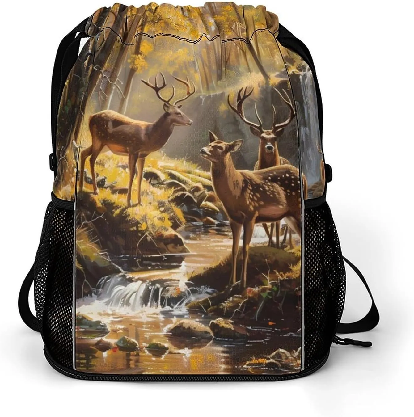Jungle Hunting Deer Autumn Stream Fashion Drawstring Backpack Waterproof Swim Gym Bag for Women Men Hiking