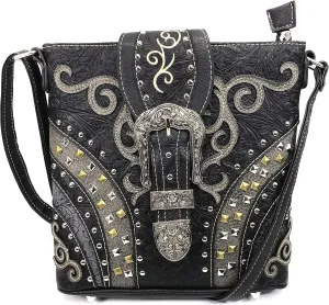 Justin West Clydesdale Tooled Leather Metal Stud Buckle Conceal Carry Women Handbag Purse