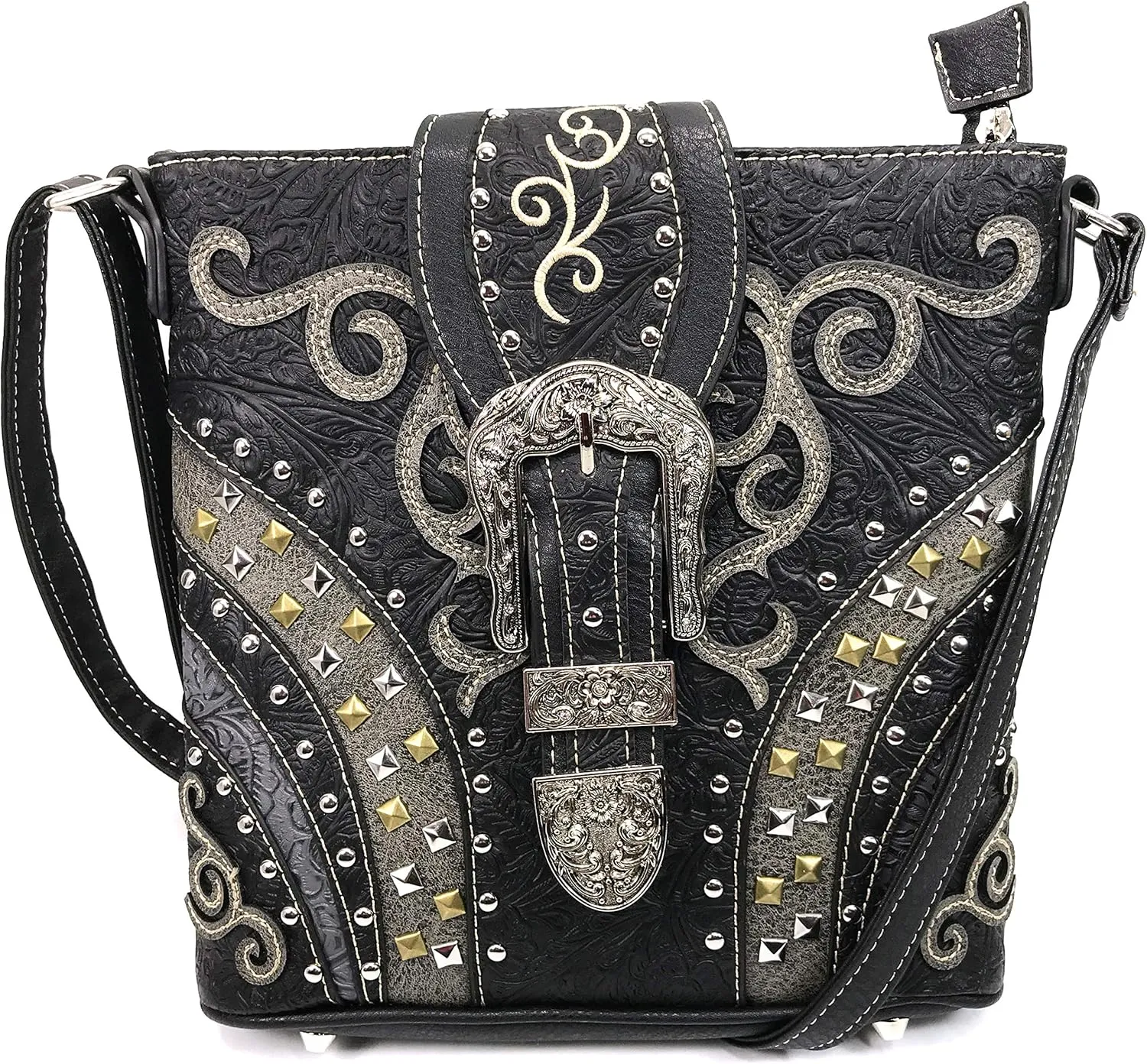 Justin West Clydesdale Tooled Leather Metal Stud Buckle Conceal Carry Women Handbag Purse