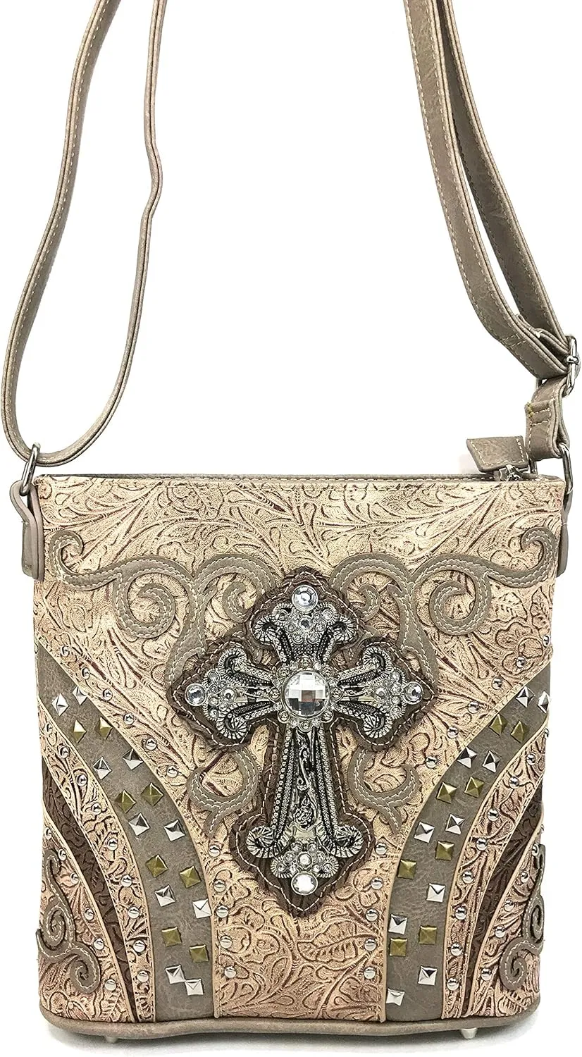 Justin West Clydesdale Tooled Leather Metal Stud Cross Conceal Carry Women Handbag Purse