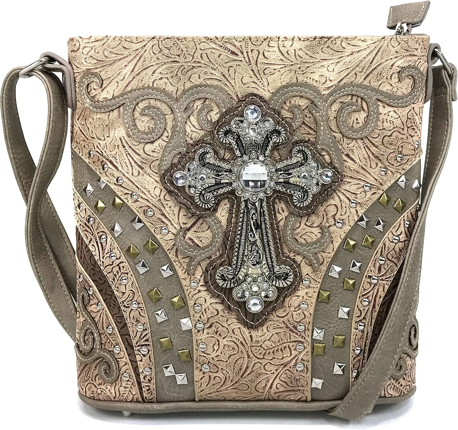 Justin West Clydesdale Tooled Leather Metal Stud Cross Conceal Carry Women Handbag Purse