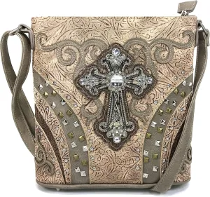 Justin West Clydesdale Tooled Leather Metal Stud Cross Conceal Carry Women Handbag Purse
