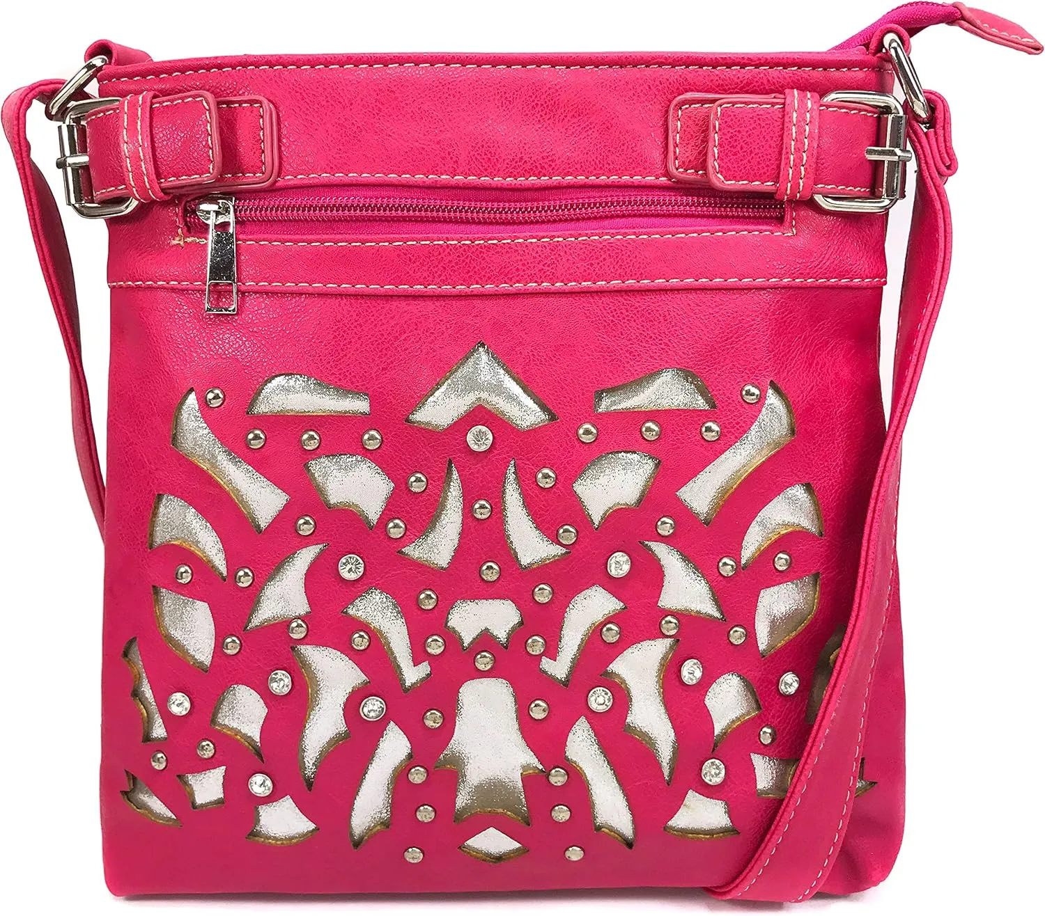 Justin West Concealed Carry Rhinestone Laser Cut Gleaming Silver Messenger Cross Body Handbag Purse