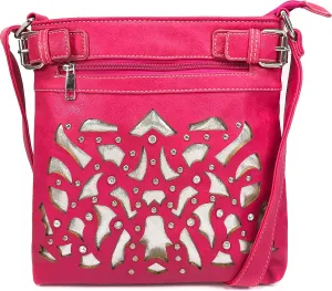 Justin West Concealed Carry Rhinestone Laser Cut Gleaming Silver Messenger Cross Body Handbag Purse