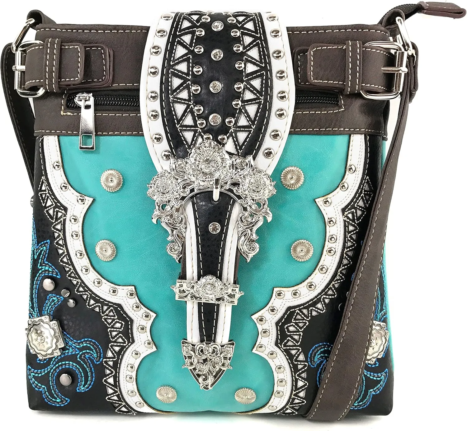 Justin West Concealed Carry Western Flower Buckle Embroidered Studded Messenger