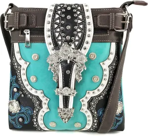 Justin West Concealed Carry Western Flower Buckle Embroidered Studded Messenger