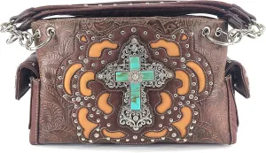Justin West Tooled Leather Laser Cut Turquoise Rhinestone Cross Concho Studded Messenger Handbag with CrossBody Strap