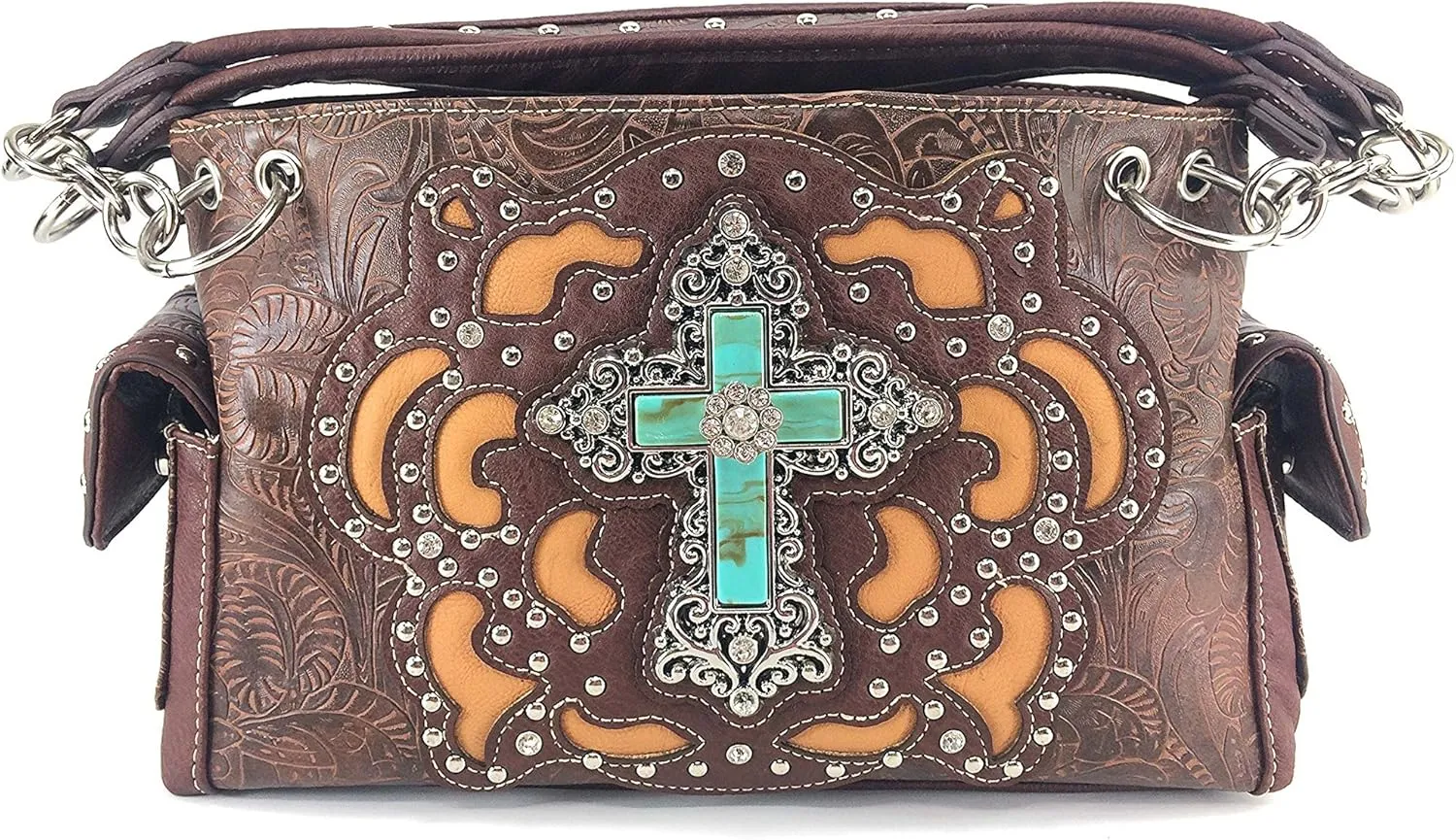 Justin West Tooled Leather Laser Cut Turquoise Rhinestone Cross Concho Studded Messenger Handbag with CrossBody Strap