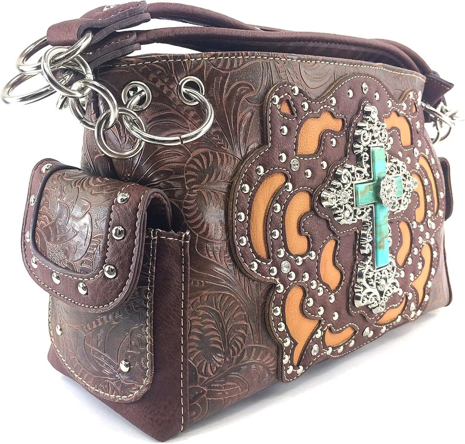 Justin West Tooled Leather Laser Cut Turquoise Rhinestone Cross Concho Studded Messenger Handbag with CrossBody Strap