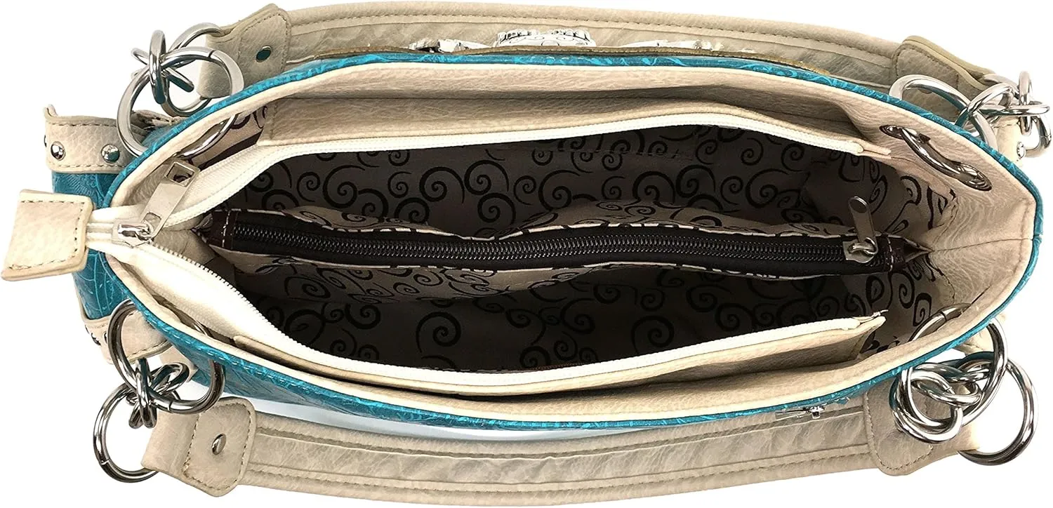 Justin West Tooled Leather Laser Cut Turquoise Rhinestone Cross Concho Studded Messenger Handbag with CrossBody Strap