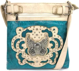Justin West Tooled Winged Sugar Skull Roses Laser Cut Chain Shoulder Concealed Carry Handbag Purse Wallet Messenger Bag