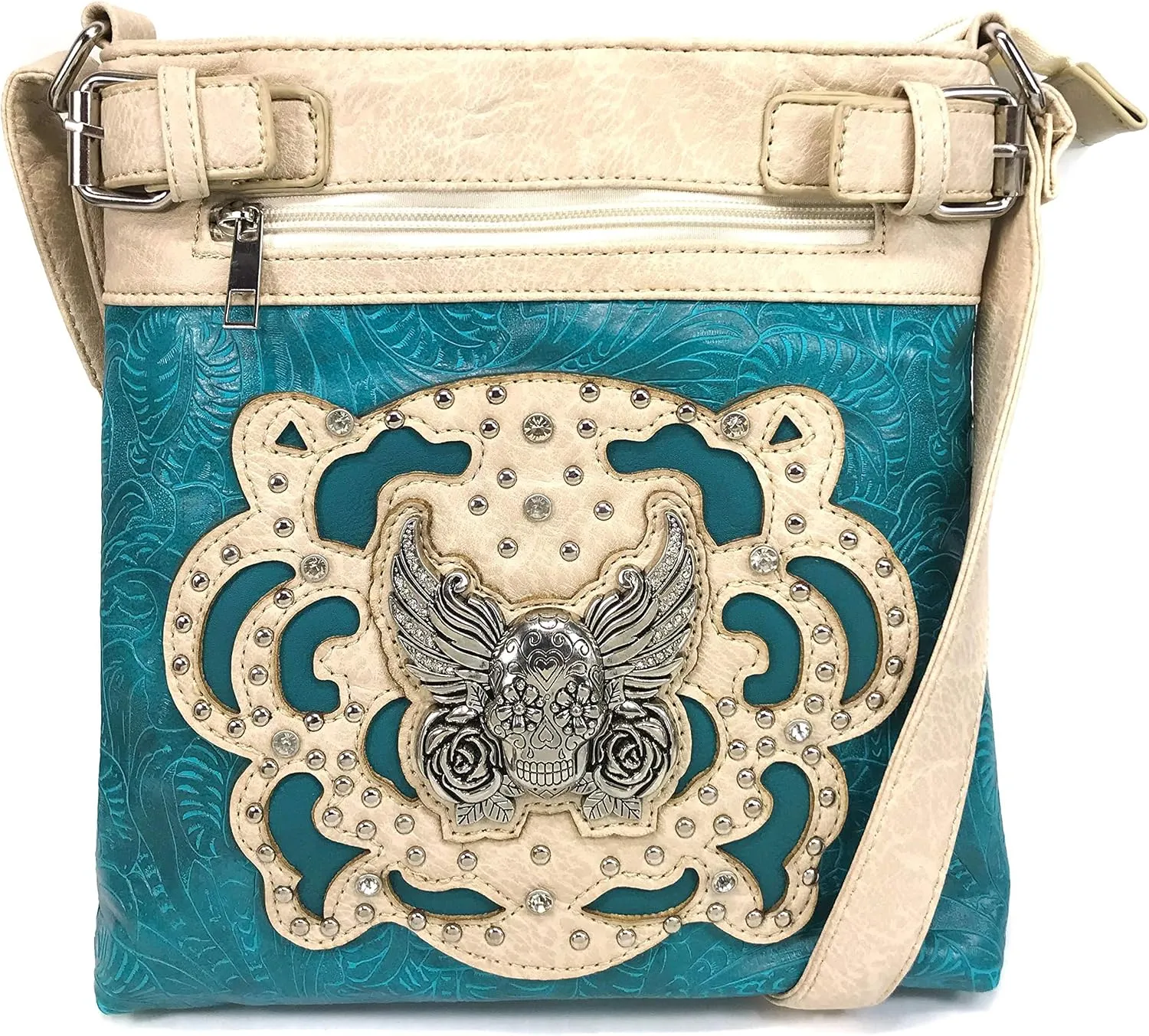 Justin West Tooled Winged Sugar Skull Roses Laser Cut Chain Shoulder Concealed Carry Handbag Purse Wallet Messenger Bag