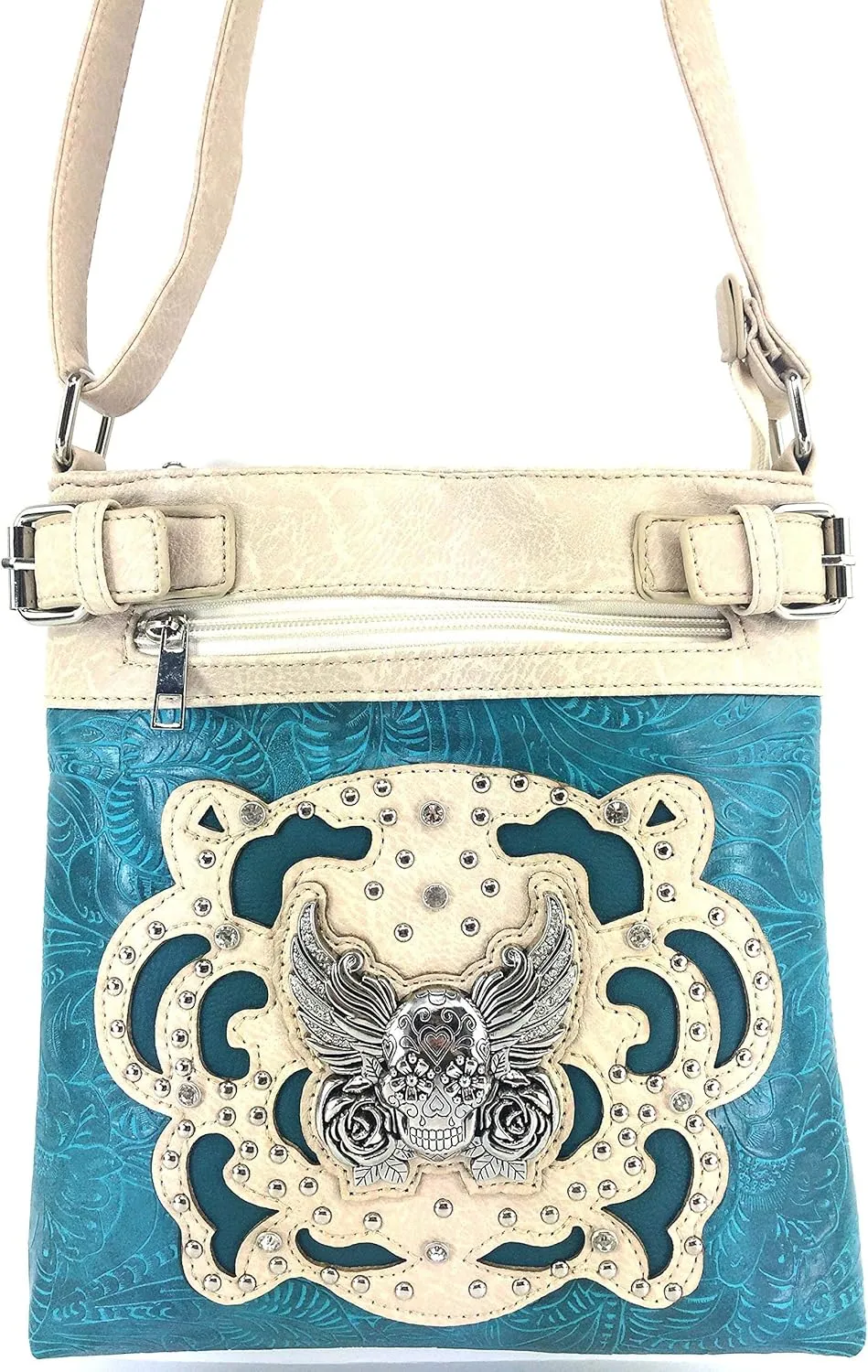 Justin West Tooled Winged Sugar Skull Roses Laser Cut Chain Shoulder Concealed Carry Handbag Purse Wallet Messenger Bag