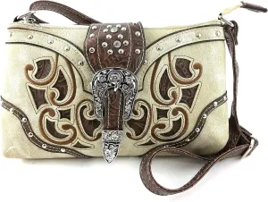 Justin West Western Tooled Laser Cut Rhinestone Buckle Messenger Bag Purse with Long Crossbody Strap