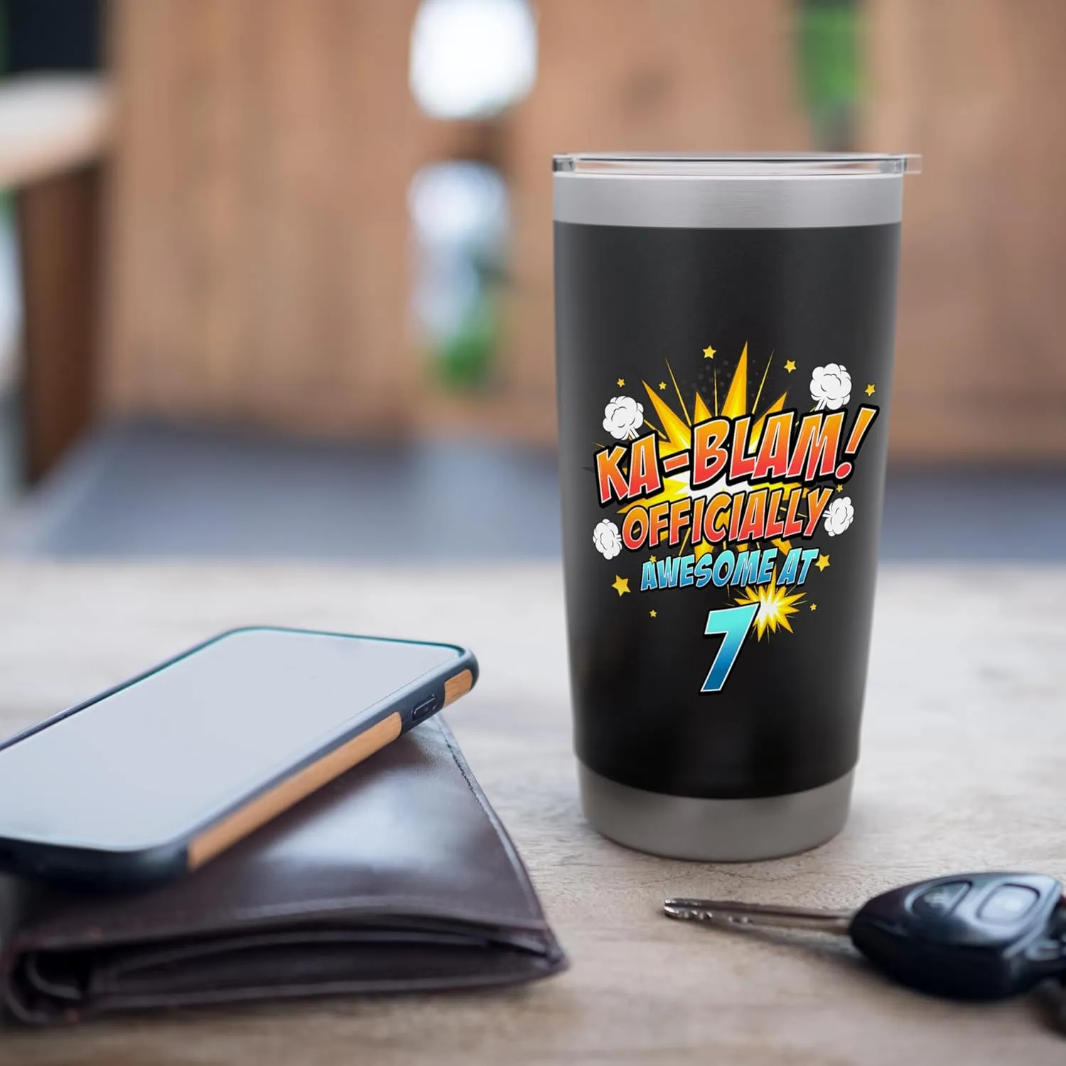 Ka-Blam 7 Year Old Boys 7th Birthday Comic Book Super Hero Stainless Steel Insulated Tumbler