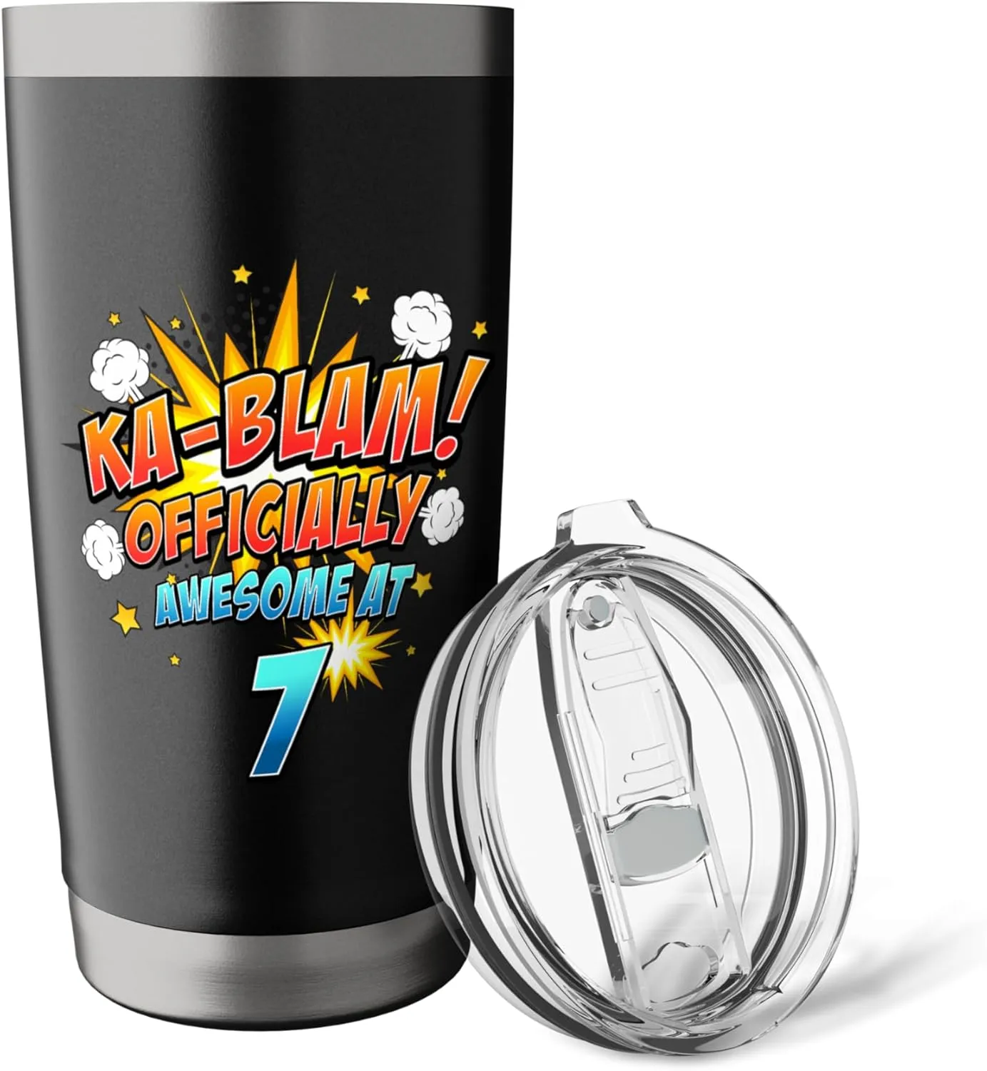 Ka-Blam 7 Year Old Boys 7th Birthday Comic Book Super Hero Stainless Steel Insulated Tumbler