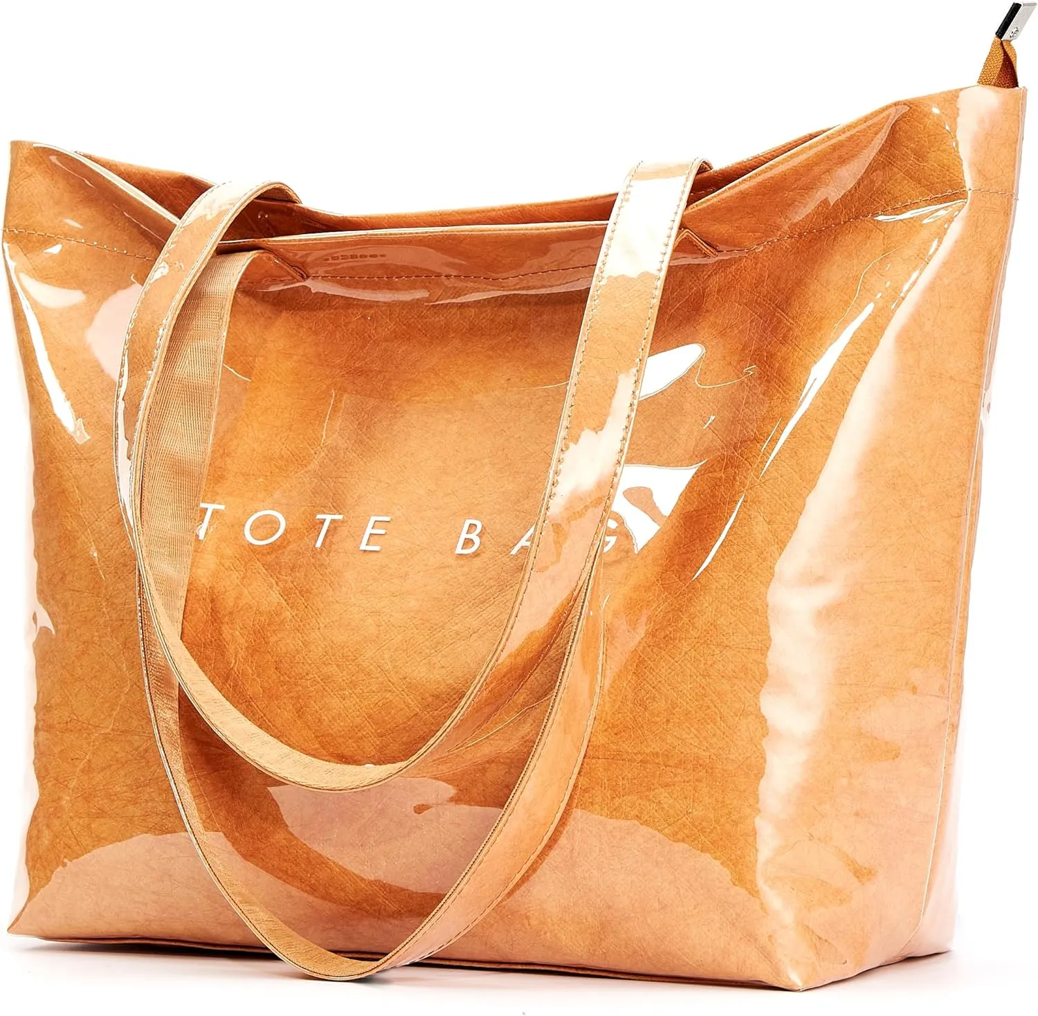 KALIDI Kraft Paper Tote Bag, Ultra Clear TPU Beach Bag Zipper Hobo Handbag Vintage Large Carry All Plastic Shoulder Bag