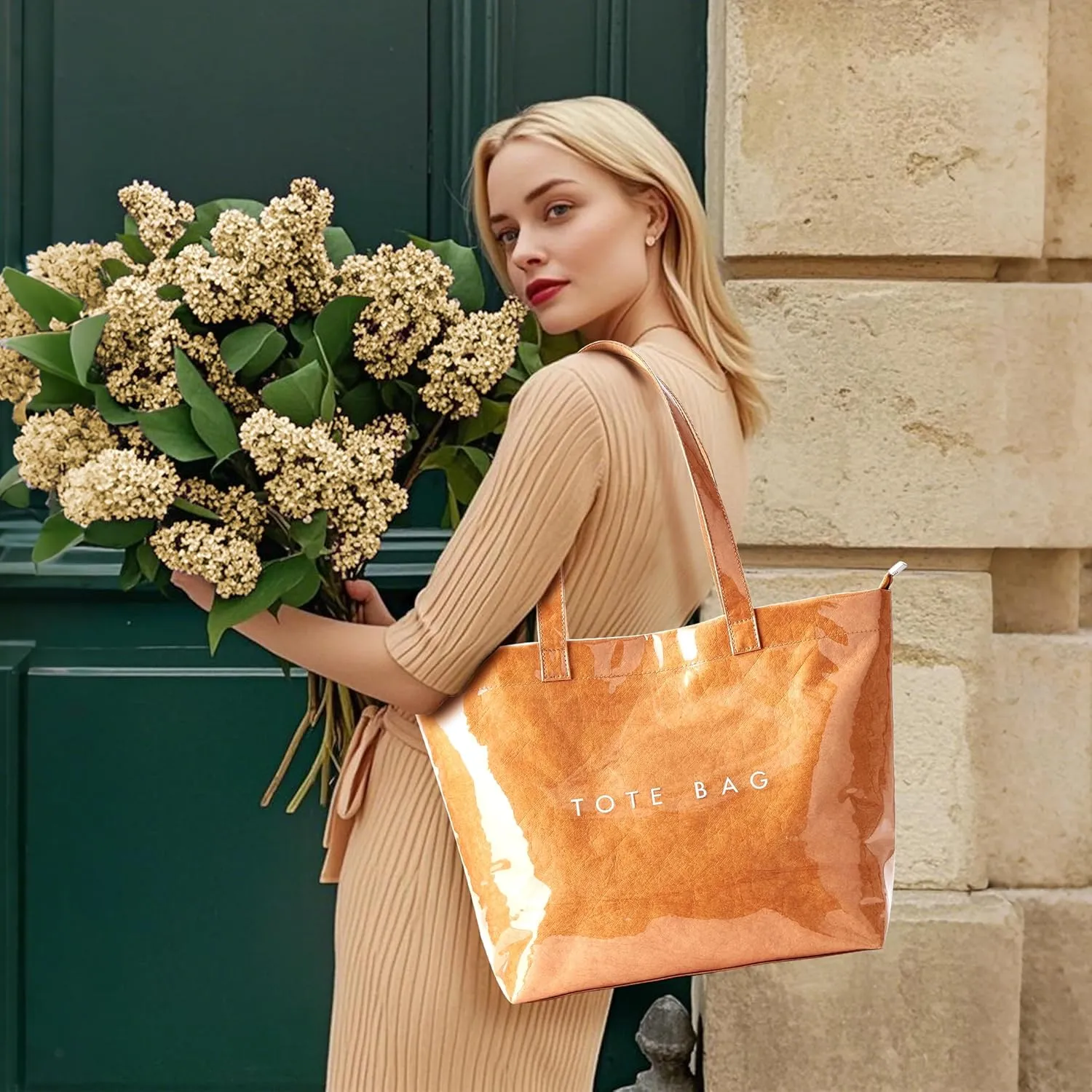 KALIDI Kraft Paper Tote Bag, Ultra Clear TPU Beach Bag Zipper Hobo Handbag Vintage Large Carry All Plastic Shoulder Bag