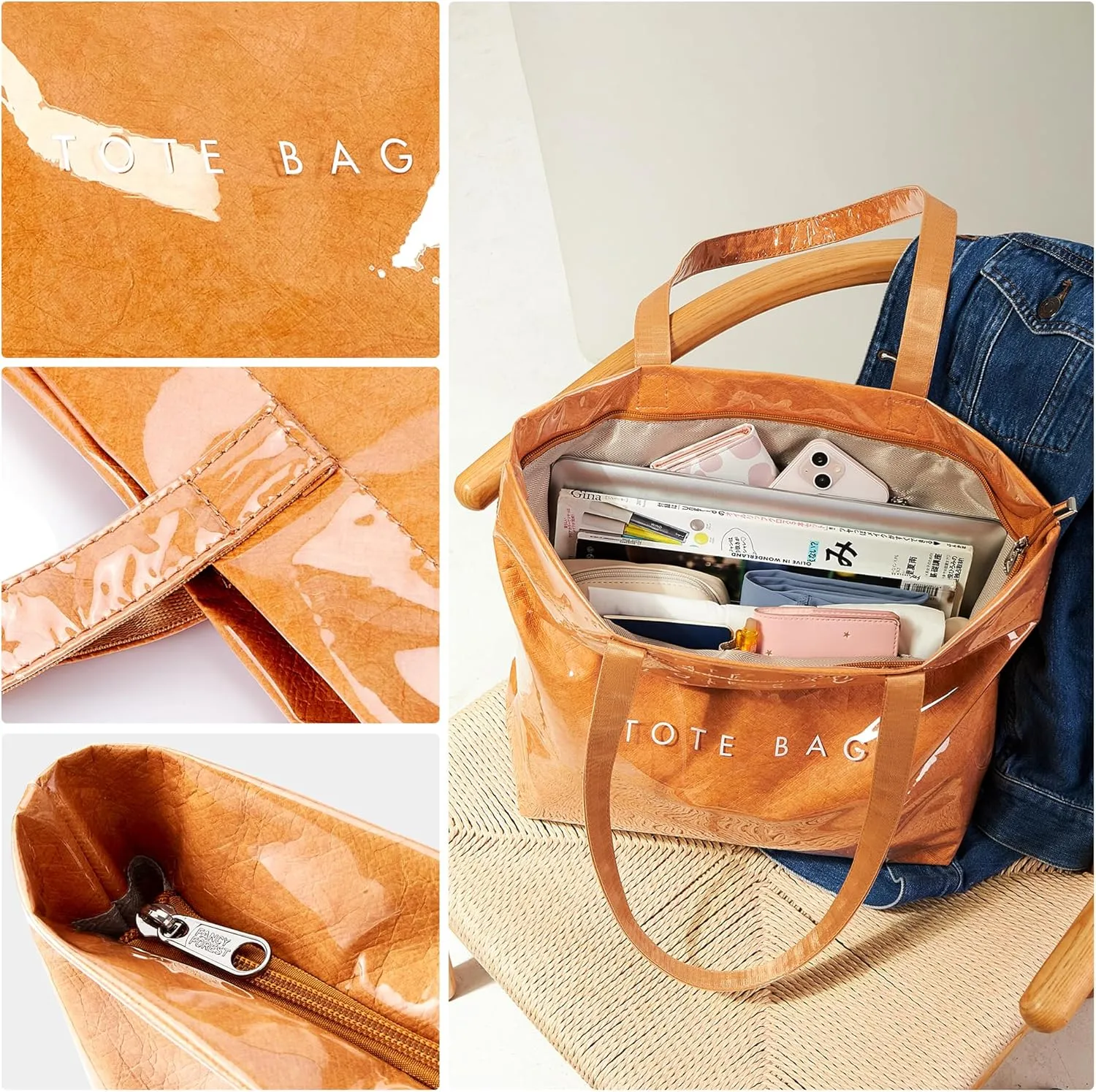 KALIDI Kraft Paper Tote Bag, Ultra Clear TPU Beach Bag Zipper Hobo Handbag Vintage Large Carry All Plastic Shoulder Bag