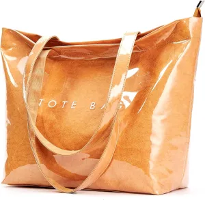 KALIDI Kraft Paper Tote Bag, Ultra Clear TPU Beach Bag Zipper Hobo Handbag Vintage Large Carry All Plastic Shoulder Bag