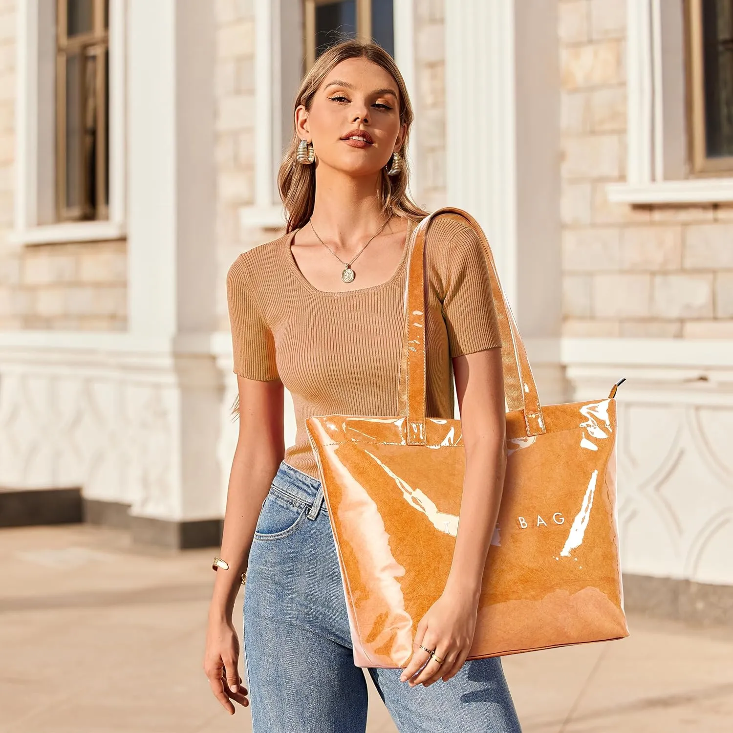 KALIDI Kraft Paper Tote Bag, Ultra Clear TPU Beach Bag Zipper Hobo Handbag Vintage Large Carry All Plastic Shoulder Bag