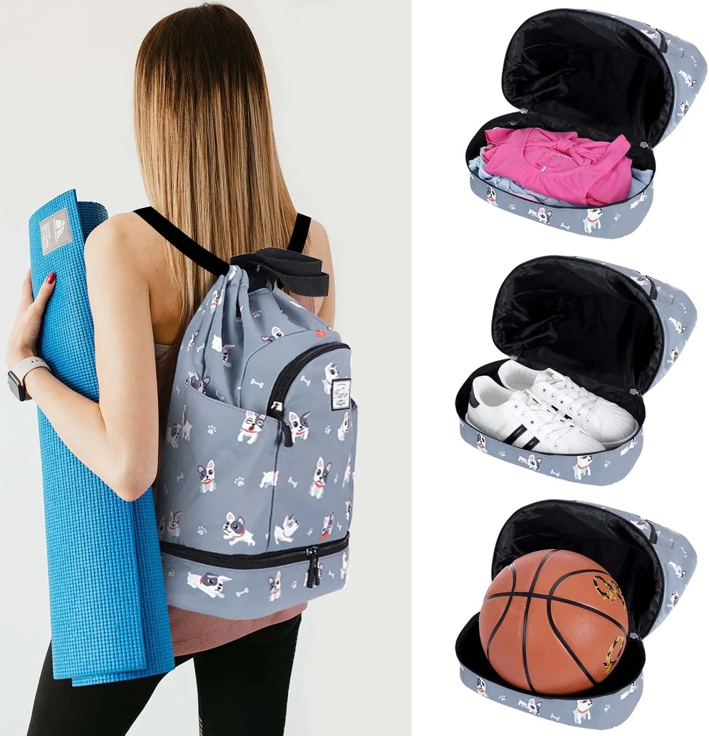 KAMO Drawstring Backpack Bag - Sport Swimming Yoga Backpack with Shoe Compartment, Two Water Bottle Holder for Men Women Large String Backpack Athletic Sackpack for Travel