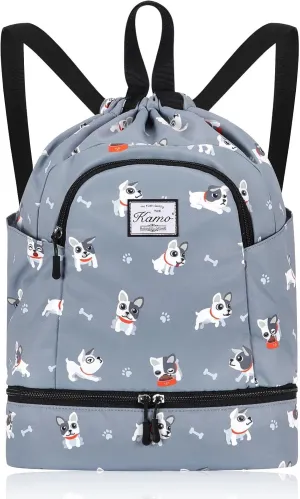 KAMO Drawstring Backpack Bag - Sport Swimming Yoga Backpack with Shoe Compartment, Two Water Bottle Holder for Men Women Large String Backpack Athletic Sackpack for Travel