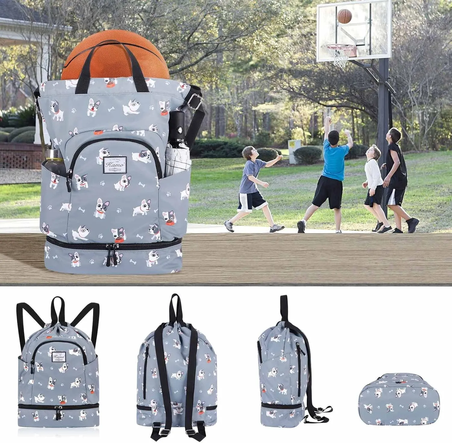KAMO Drawstring Backpack Bag - Sport Swimming Yoga Backpack with Shoe Compartment, Two Water Bottle Holder for Men Women Large String Backpack Athletic Sackpack for Travel