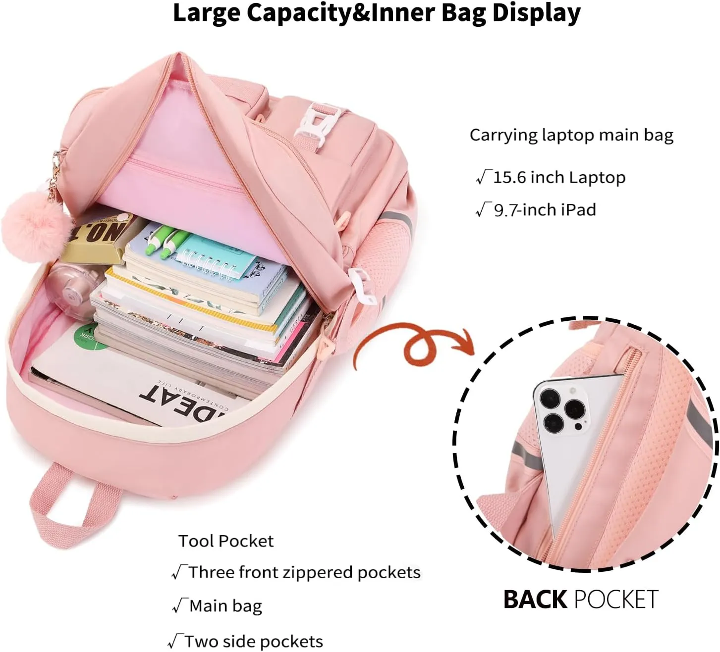 Kawaii Girls Backpack for Kids Teens Cute Laptop Bookbag for College Middle High Elementary School Student with Lunch Box, Purple