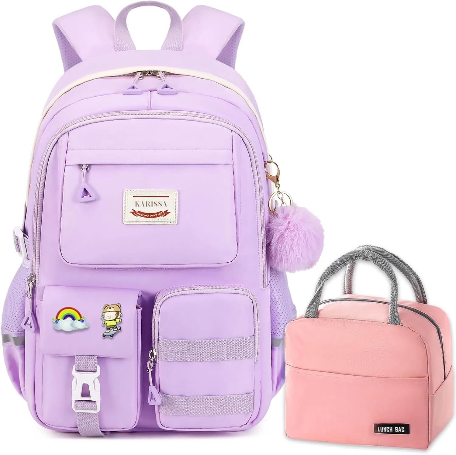 Kawaii Girls Backpack for Kids Teens Cute Laptop Bookbag for College Middle High Elementary School Student with Lunch Box, Purple