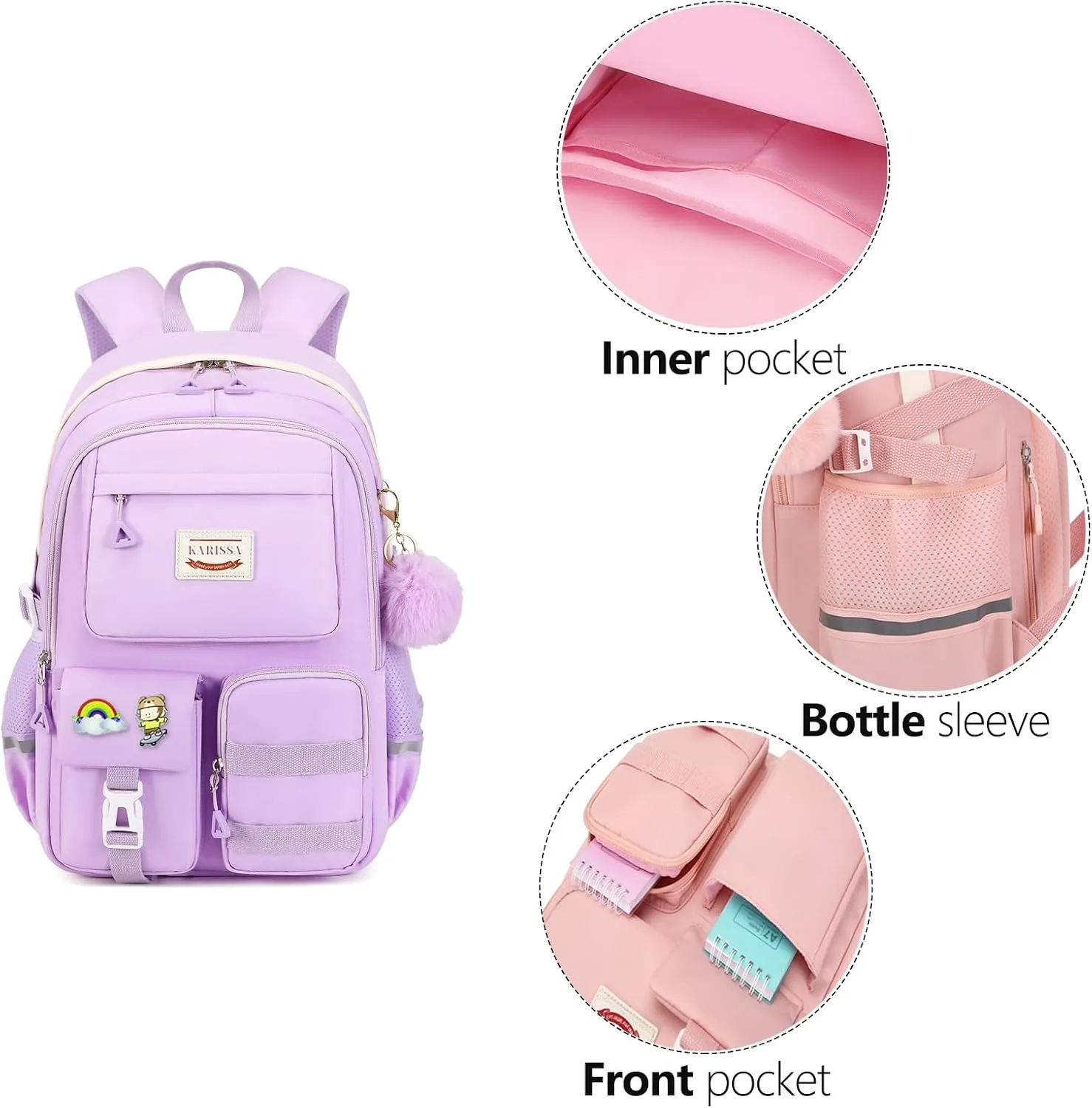 Kawaii Girls Backpack for Kids Teens Cute Laptop Bookbag for College Middle High Elementary School Student with Lunch Box, Purple