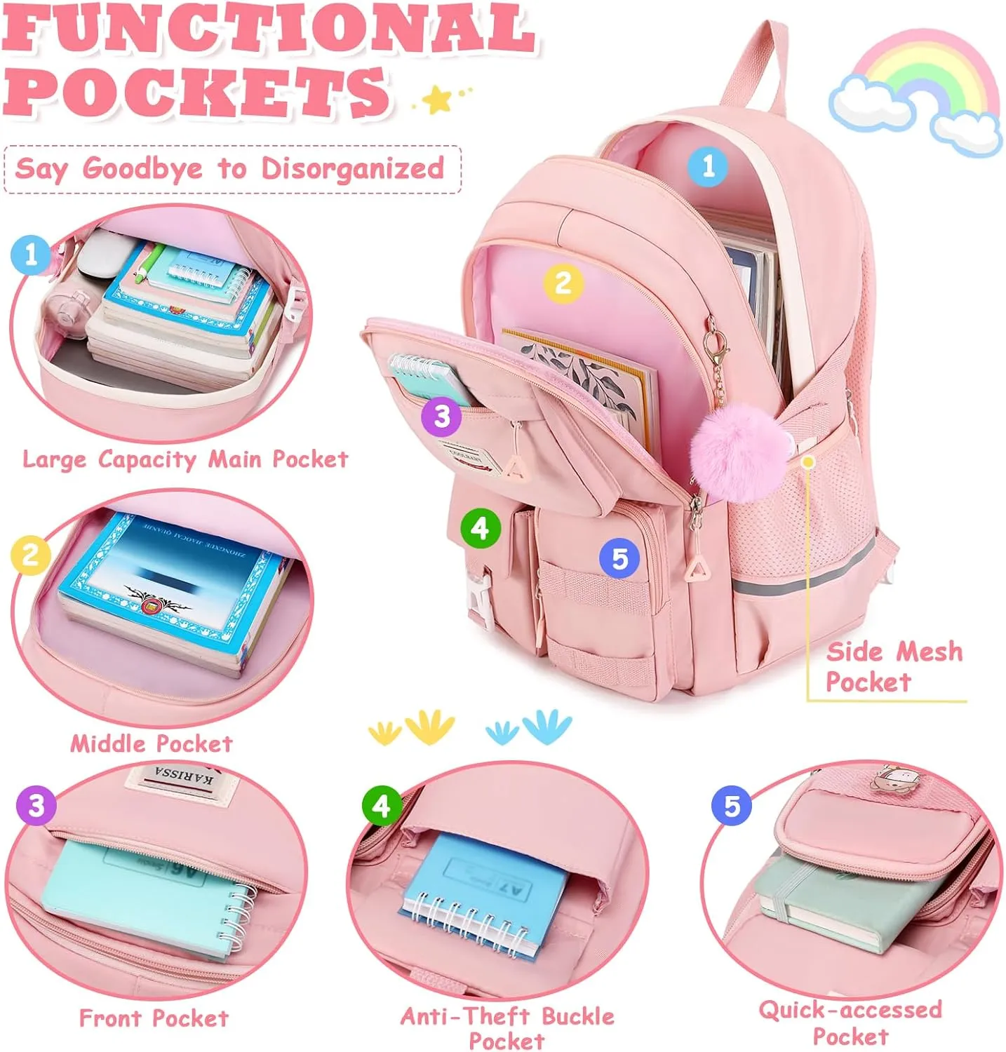 Kawaii Girls Backpack for School with Convertible Shoulder Tote Bag，Cute Teenage Multiple Pockets Backpack for Primary Elementary High School, Pink 3 Pcs Set