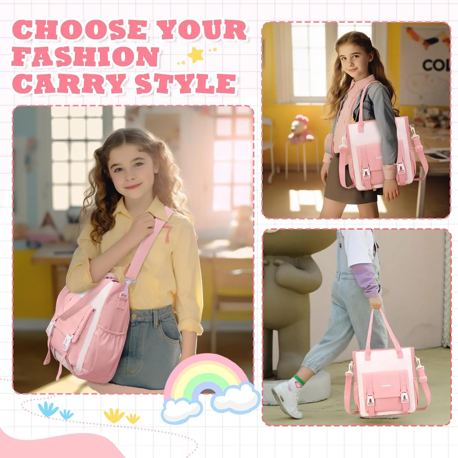 Kawaii Girls Backpack for School with Convertible Shoulder Tote Bag，Cute Teenage Multiple Pockets Backpack for Primary Elementary High School, Pink 3 Pcs Set