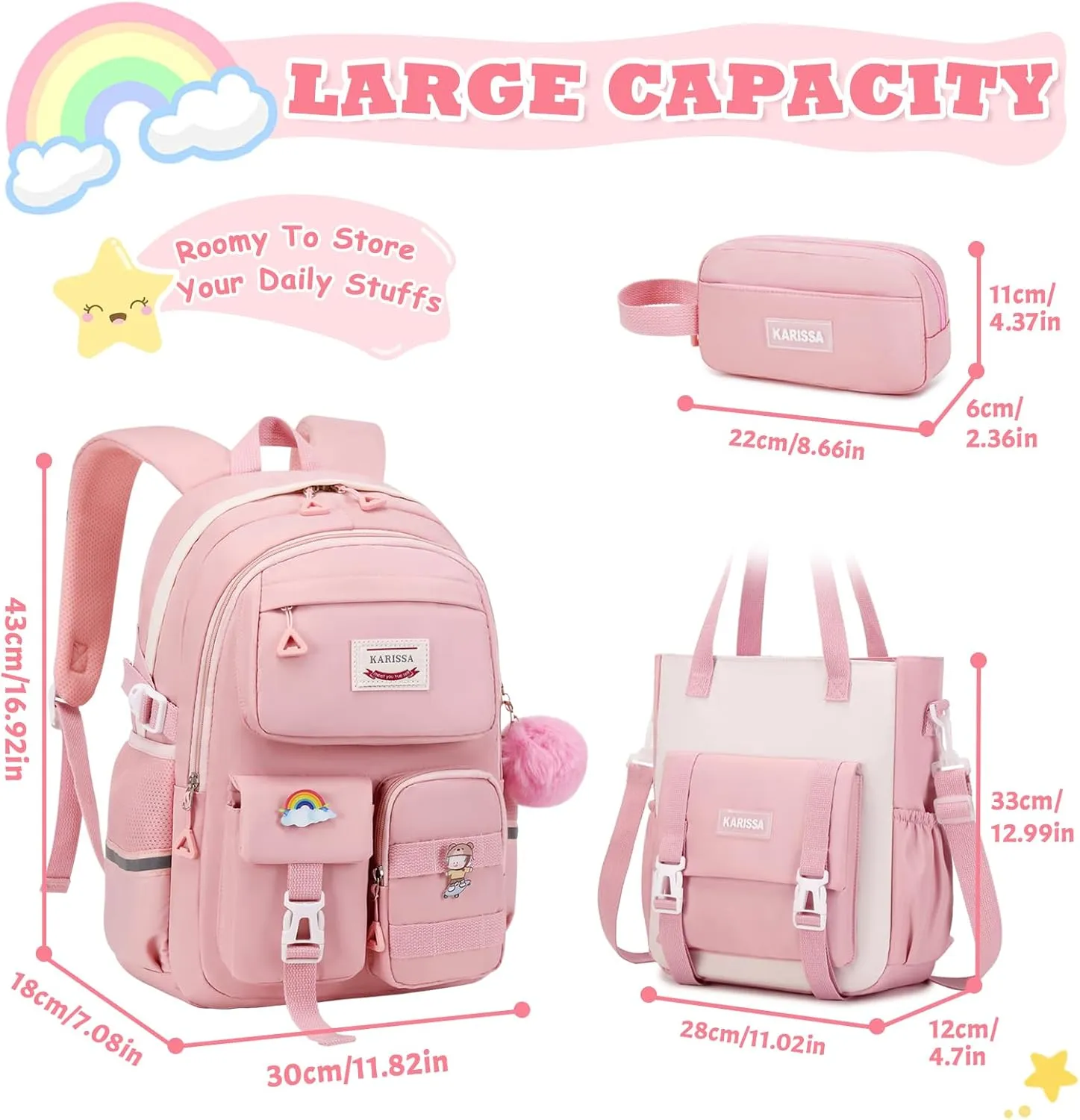 Kawaii Girls Backpack for School with Convertible Shoulder Tote Bag，Cute Teenage Multiple Pockets Backpack for Primary Elementary High School, Pink 3 Pcs Set