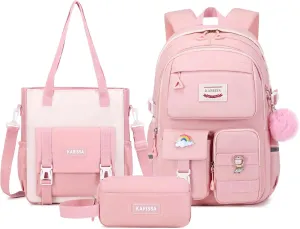 Kawaii Girls Backpack for School with Convertible Shoulder Tote Bag，Cute Teenage Multiple Pockets Backpack for Primary Elementary High School, Pink 3 Pcs Set