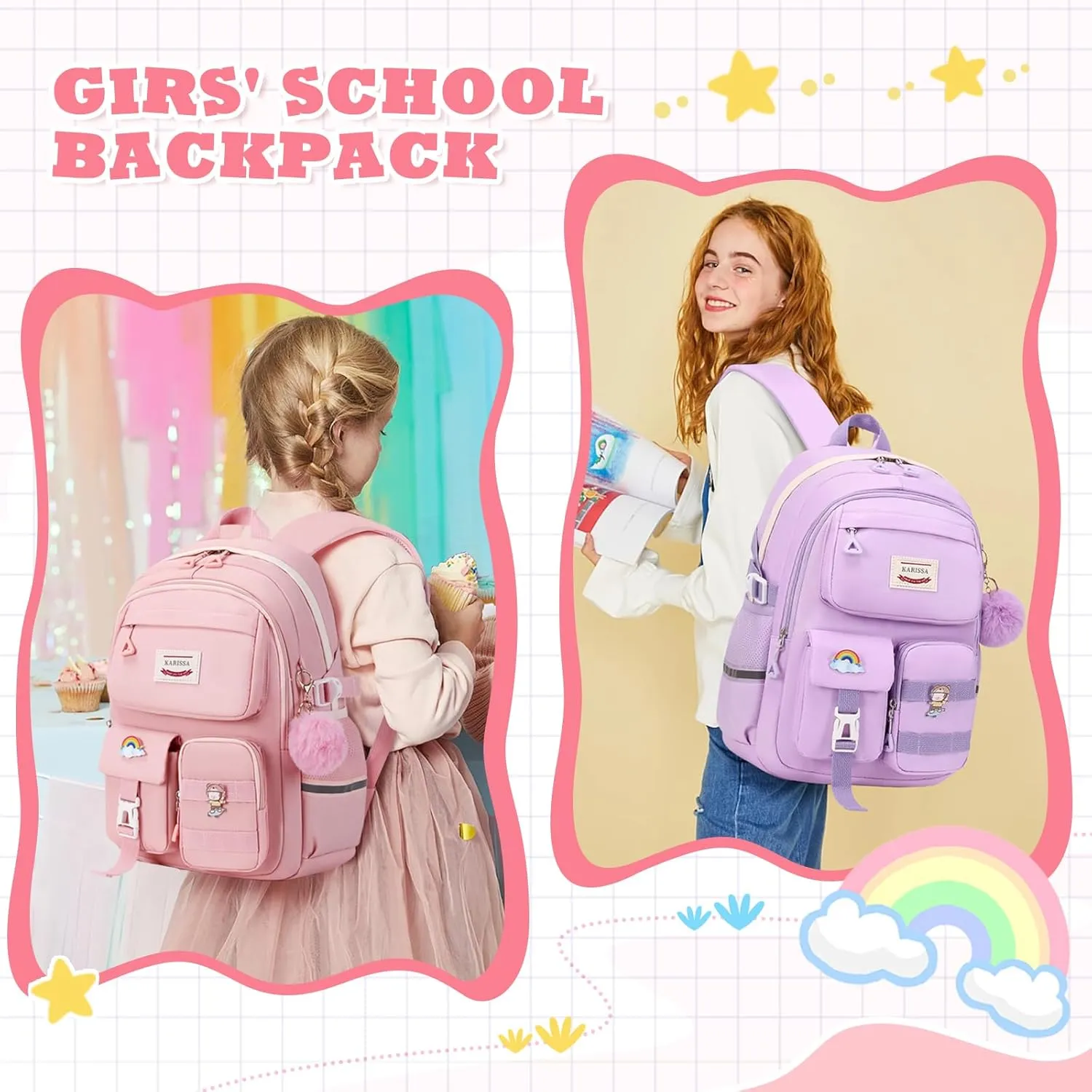 Kawaii Girls Backpack for School with Convertible Shoulder Tote Bag，Cute Teenage Multiple Pockets Backpack for Primary Elementary High School, Pink 3 Pcs Set