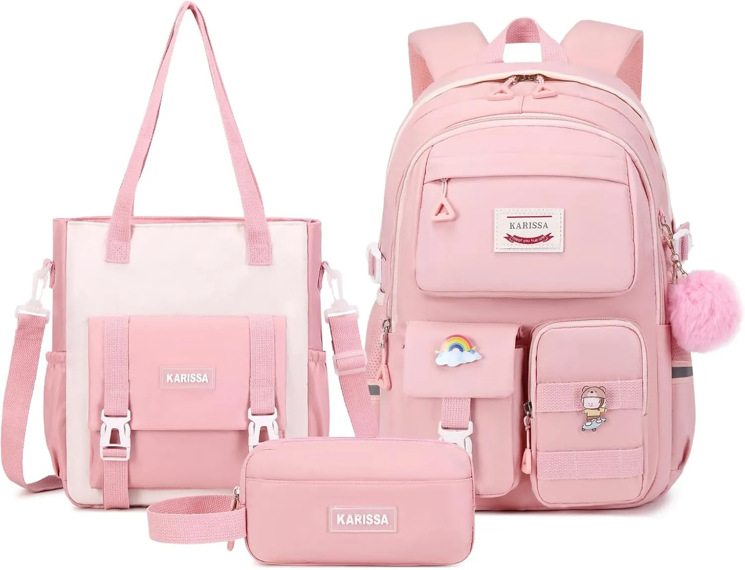 Kawaii Girls Backpack for School with Convertible Shoulder Tote Bag，Cute Teenage Multiple Pockets Backpack for Primary Elementary High School, Pink 3 Pcs Set