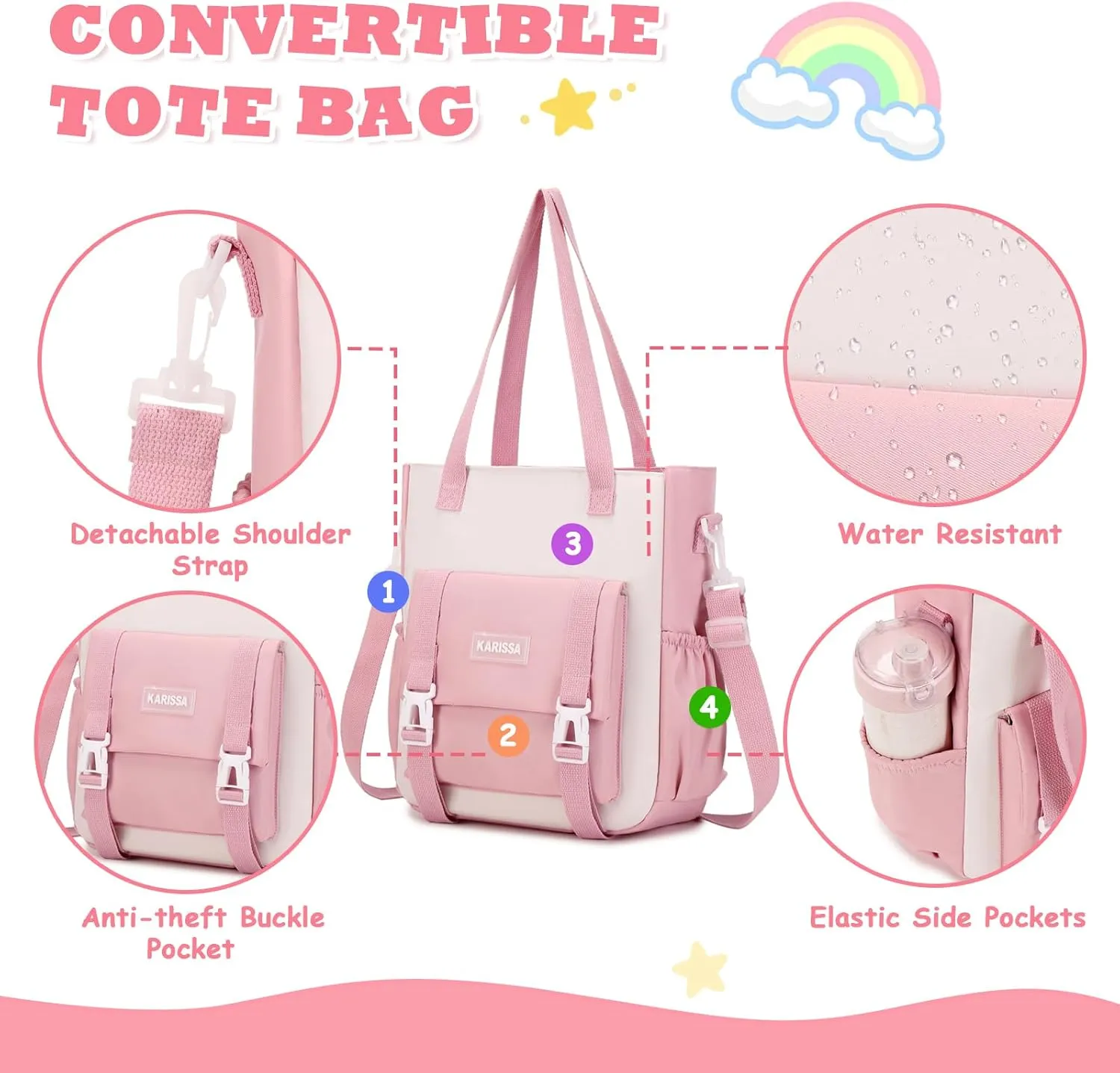 Kawaii Girls Backpack for School with Convertible Shoulder Tote Bag，Cute Teenage Multiple Pockets Backpack for Primary Elementary High School, Pink 3 Pcs Set