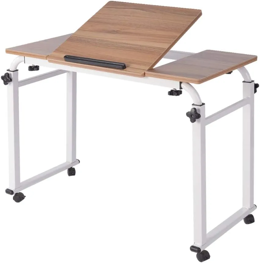 Keenso Laptop Cart Mobile Computer Desk Overbed Writing Table with Wheels, Height & Length, Tiltable Table Top, Lockable Movable Desk, (0.8 Meters)