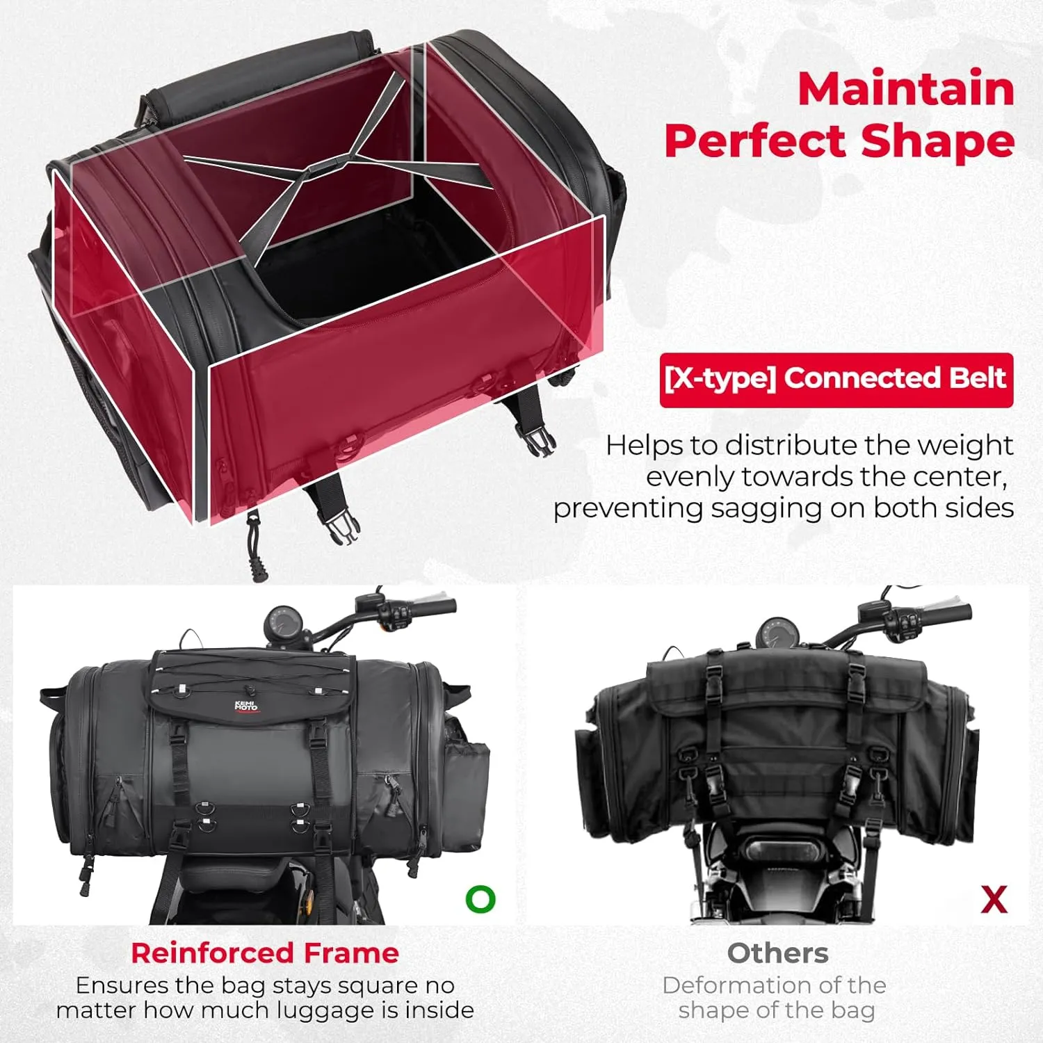 KEMIMOTO Motorcycle Travel Luggage Bags, 60L Expandable Large Capacity Motorcycle Tail Bag, Waterproof Rear Rack Trunk, Motor Pannier Bag with Rain Cover and Straps