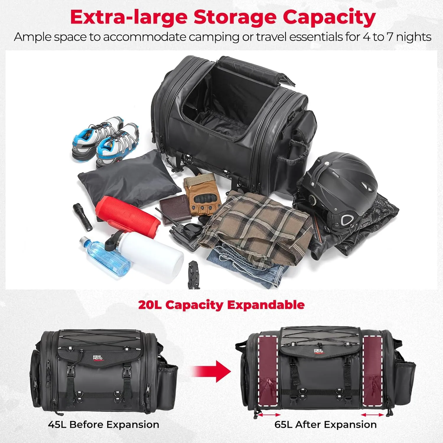 KEMIMOTO Motorcycle Travel Luggage Bags, 60L Expandable Large Capacity Motorcycle Tail Bag, Waterproof Rear Rack Trunk, Motor Pannier Bag with Rain Cover and Straps