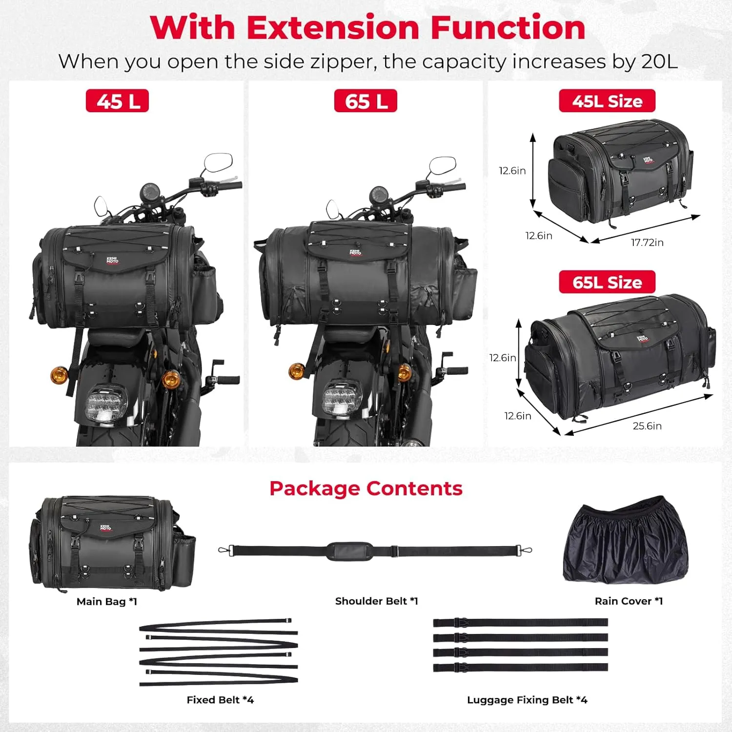 KEMIMOTO Motorcycle Travel Luggage Bags, 60L Expandable Large Capacity Motorcycle Tail Bag, Waterproof Rear Rack Trunk, Motor Pannier Bag with Rain Cover and Straps