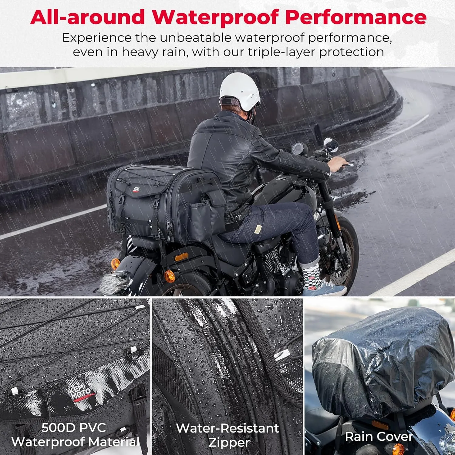 KEMIMOTO Motorcycle Travel Luggage Bags, 60L Expandable Large Capacity Motorcycle Tail Bag, Waterproof Rear Rack Trunk, Motor Pannier Bag with Rain Cover and Straps