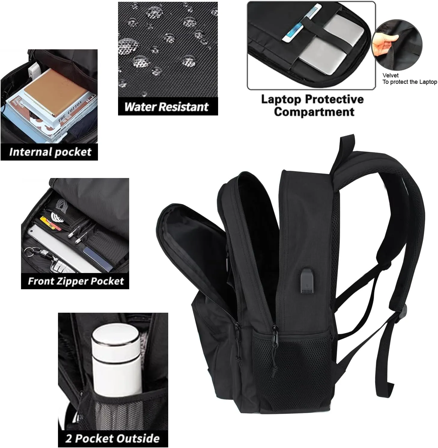 KEOFID Travel backpack for Men and Women, Anti Theft Laptop Backpack with USB Charging Port for Work, Large Bag for College, Water Resistent(Black)