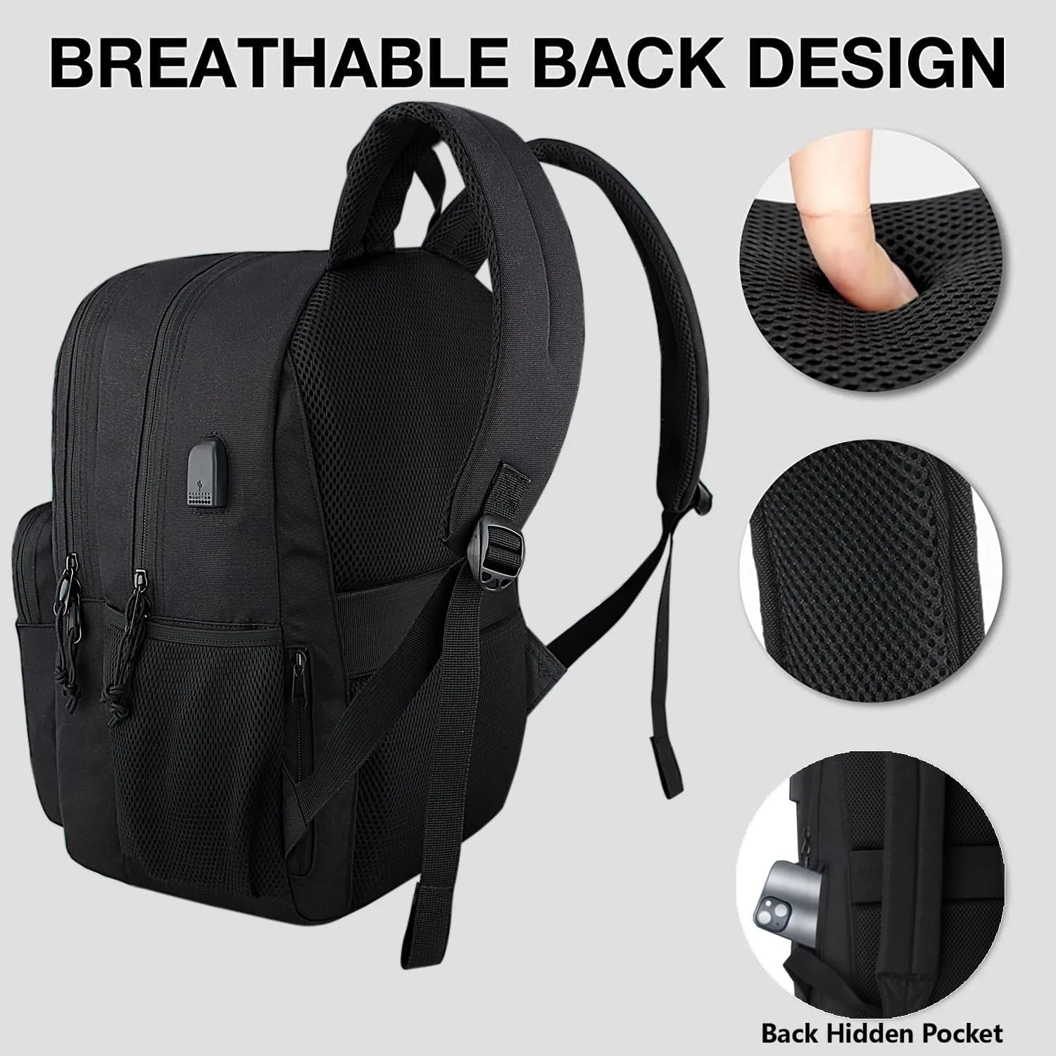 KEOFID Travel backpack for Men and Women, Anti Theft Laptop Backpack with USB Charging Port for Work, Large Bag for College, Water Resistent(Black)