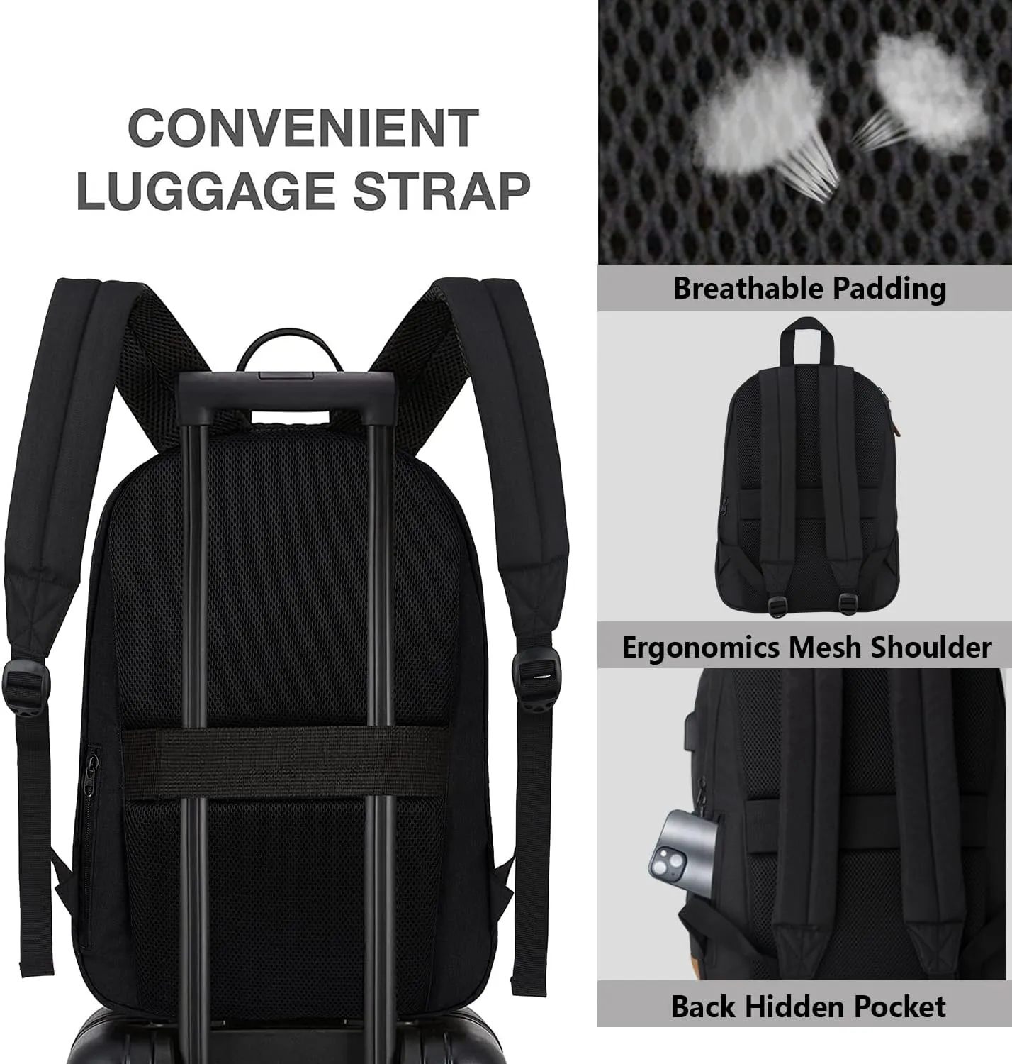 KEOFID Travel backpack for Men and Women, Anti Theft Laptop Backpack with USB Charging Port for Work, Large Bag for College, Water Resistent(Black)