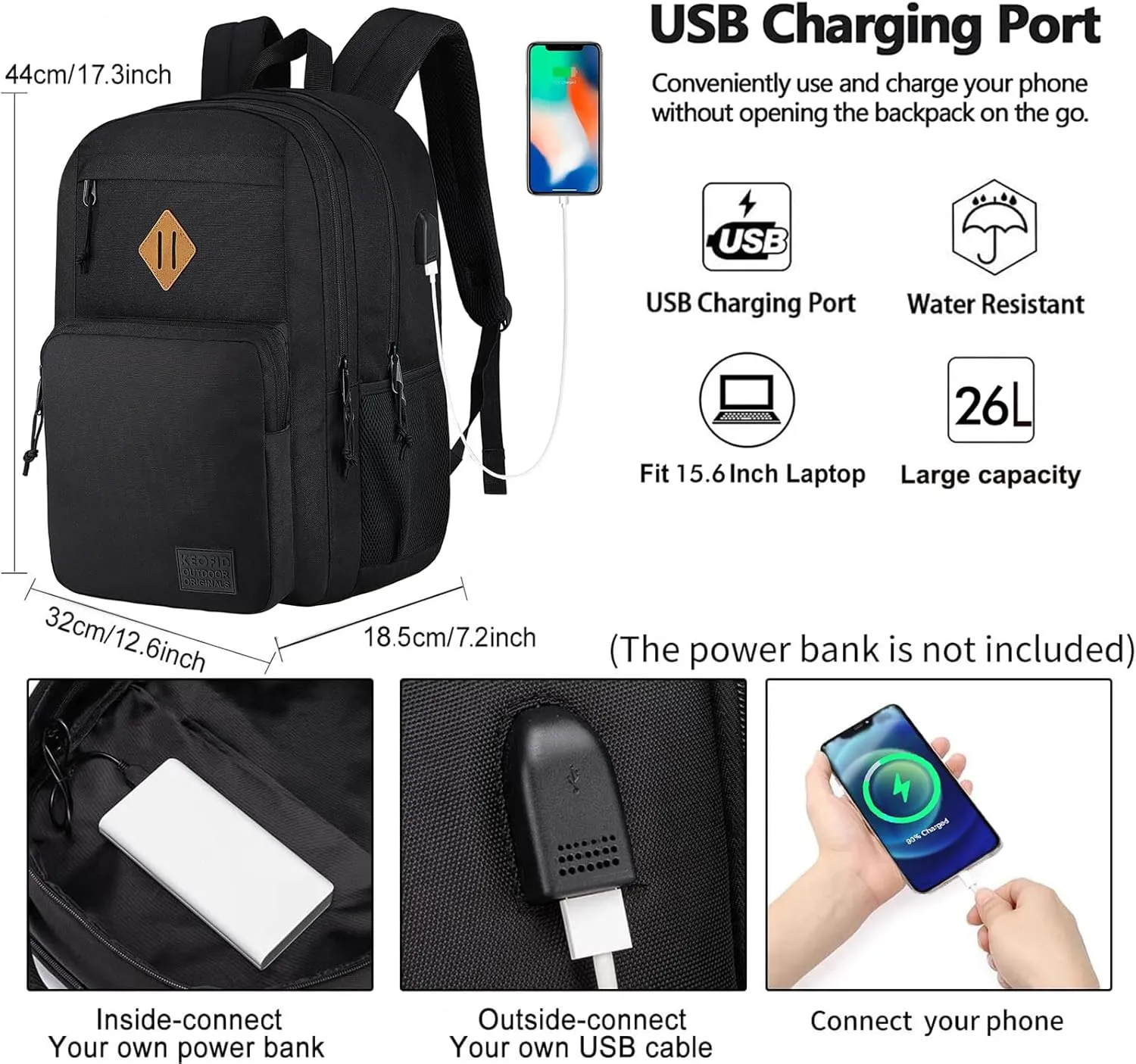 KEOFID Travel backpack for Men and Women, Anti Theft Laptop Backpack with USB Charging Port for Work, Large Bag for College, Water Resistent(Black)
